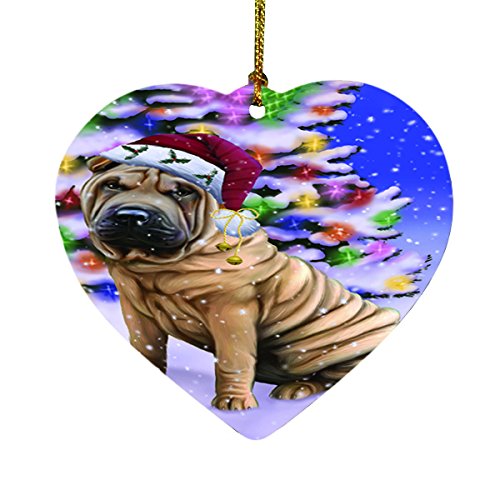 Winterland Wonderland Shar Pei Dog In Christmas Holiday Scenic Background Heart Ornament D514