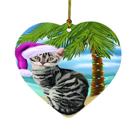 Summertime Happy Holidays Christmas Bengal Cat on Tropical Island Beach Heart Ornament D422
