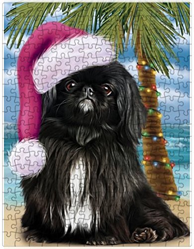 Summertime Happy Holidays Christmas Pekingese Dog on Tropical Island Beach Puzzle with Photo Tin