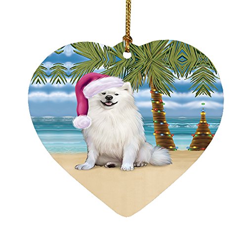 Summertime American Eskimo Adult Dog on Beach Christmas Heart Ornament POR2116