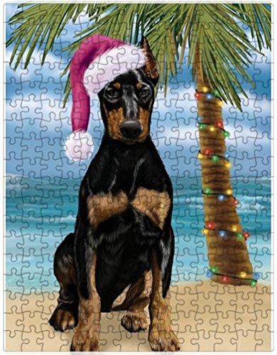 Summertime Happy Holidays Christmas Doberman Dog on Tropical Island Beach Puzzle with Photo Tin
