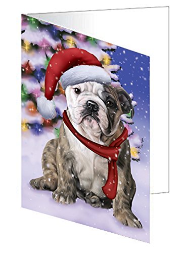 Winterland Wonderland Bulldogs Dog In Christmas Holiday Scenic Background Handmade Artwork Assorted Pets Greeting Cards and Note Cards with Envelopes for All Occasions and Holiday Seasons