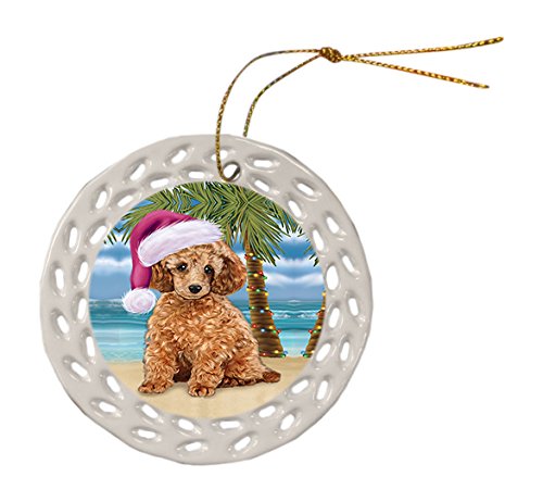 Summertime Poodle Dog on Beach Christmas Round Doily Ornament POR593