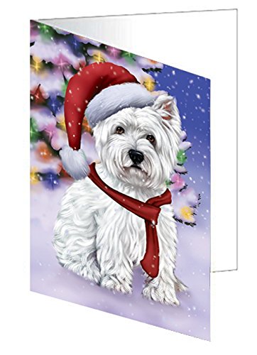 Winterland Wonderland West Highland Terriers Puppy Dog In Christmas Holiday Scenic Background Handmade Artwork Assorted Pets Greeting Cards and Note Cards with Envelopes for All Occasions and Holiday Seasons