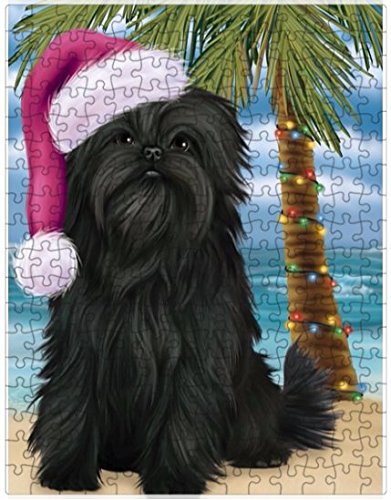 Summertime Happy Holidays Christmas Affenpinscher Dog on Tropical Island Beach Puzzle with Photo Tin