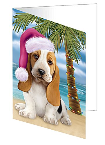 Summertime Happy Holidays Christmas Basset Hounds Dog on Tropical Island Beach Handmade Artwork Assorted Pets Greeting Cards and Note Cards with Envelopes for All Occasions and Holiday Seasons D395