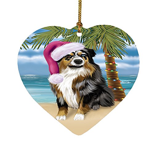 Summertime Happy Holidays Christmas Australian Shepherd Dog on Tropical Island Beach Heart Ornament