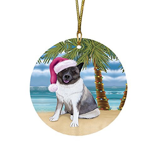 Summertime Christmas Happy Holidays Akita Dog on Beach Round Flat Ornament POR1230