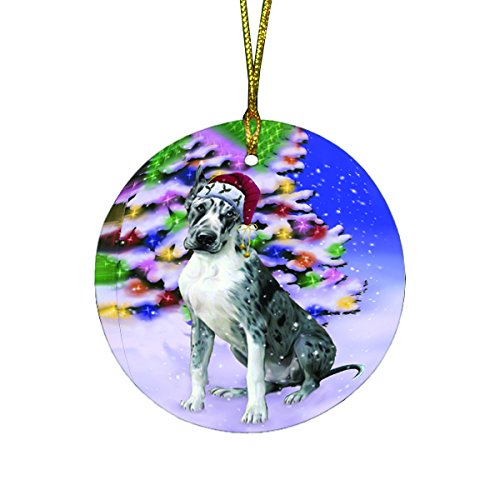 Winterland Wonderland Great Dane Dog In Christmas Holiday Scenic Background Round Ornament D499