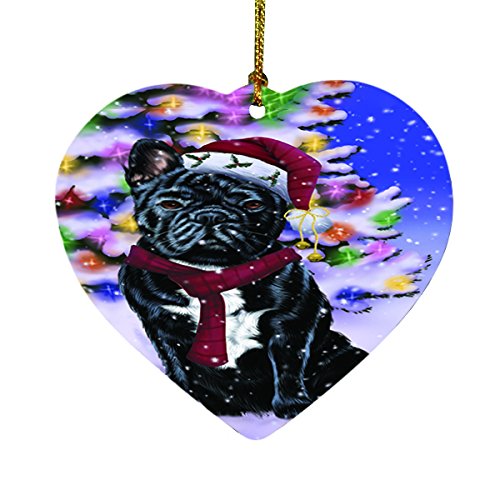 Winterland Wonderland French Bulldogs Dog In Christmas Holiday Scenic Background Heart Ornament D494
