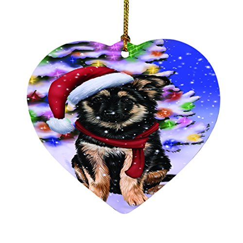Winterland Wonderland German Shepherds Puppy Dog In Christmas Holiday Scenic Background Heart Ornament D497