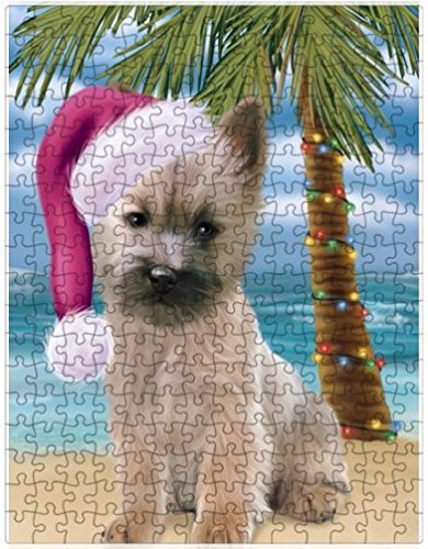 Summertime Happy Holidays Christmas Cairn Terrier Dog on Tropical Island Beach Puzzle with Photo Tin