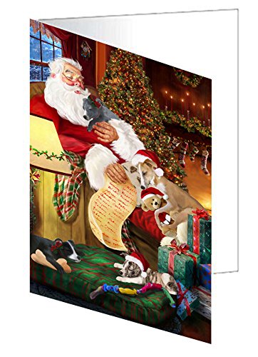 Whippet Dog and Puppies Sleeping with Santa Handmade Artwork Assorted Pets Greeting Cards and Note Cards with Envelopes for All Occasions and Holiday Seasons