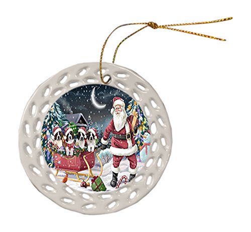 Santa Sled Dogs Saint Bernard Christmas Round Doily Ornament POR410