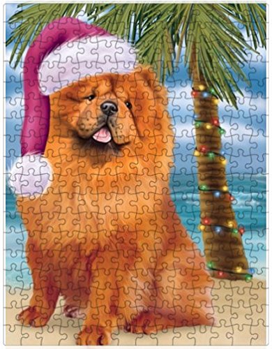 Summertime Happy Holidays Christmas Chow Chow Dog on Tropical Island Beach Puzzle with Photo Tin