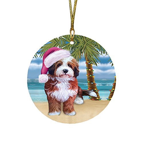 Summertime Bernedoodle Dog on Beach Christmas Round Flat Ornament POR1606
