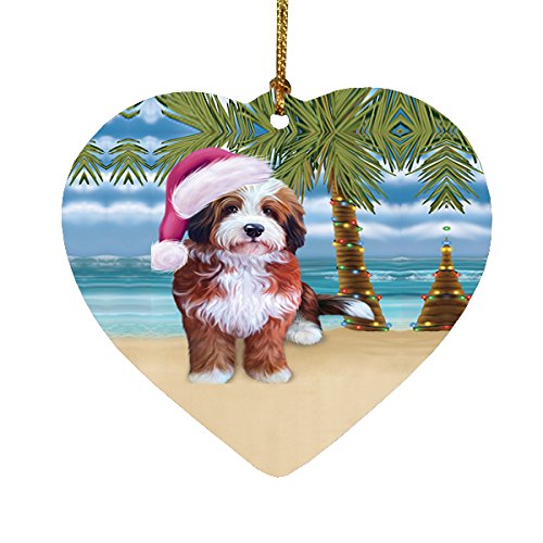 Summertime Bernedoodle Dog on Beach Christmas Heart Ornament POR2154