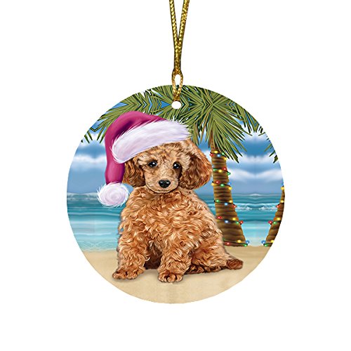 Summertime Poodle Dog on Beach Christmas Round Flat Ornament POR1740