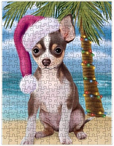 Summertime Happy Holidays Christmas Chihuahua Dog on Tropical Island Beach Puzzle with Photo Tin