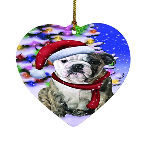 Winterland Wonderland Bulldogs Dog In Christmas Holiday Scenic Background Heart Ornament D489