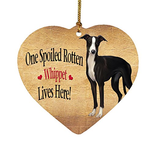 Spoiled Rotten Whippet Black And White Dog Heart Christmas Ornament