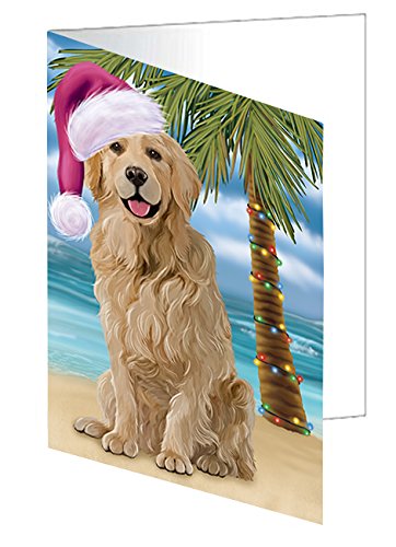 Summertime Christmas Happy Holidays Golden Retriever Dog on Beach Handmade Artwork Assorted Pets Greeting Cards and Note Cards with Envelopes for All Occasions and Holiday Seasons GCD3170