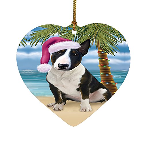 Summertime Happy Holidays Christmas Bull Terrier Dog on Tropical Island Beach Heart Ornament
