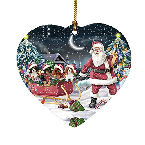 Santa Sled Dogs Cavalier King Charles Spaniel Christmas Heart Ornament POR2103