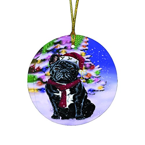 Winterland Wonderland French Bulldogs Dog In Christmas Holiday Scenic Background Round Ornament D493