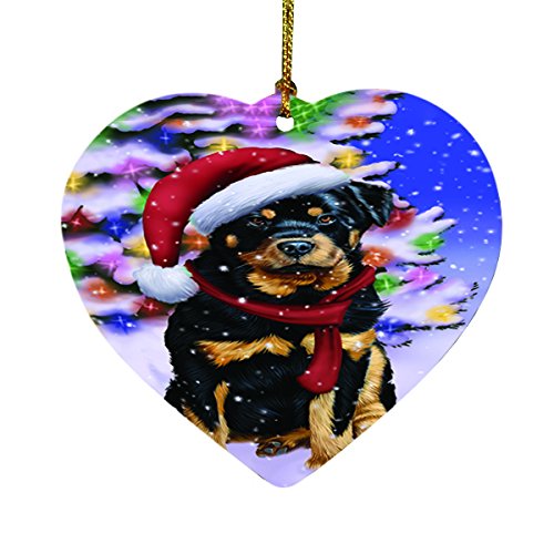 Winterland Wonderland Rottweiler Dog In Christmas Holiday Scenic Background Heart Ornament D512