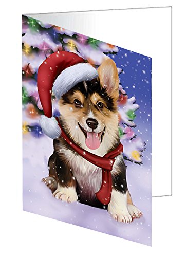 Winterland Wonderland Corgis Puppy Dog In Christmas Holiday Scenic Background Handmade Artwork Assorted Pets Greeting Cards and Note Cards with Envelopes for All Occasions and Holiday Seasons
