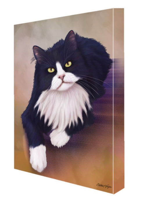 Tuxedo Black And White Cat Painting Printed on Canvas Wall Art Signed