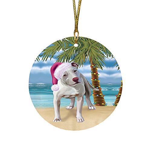 Summertime Pit Bull Dog on Beach Christmas Round Flat Ornament POR1722