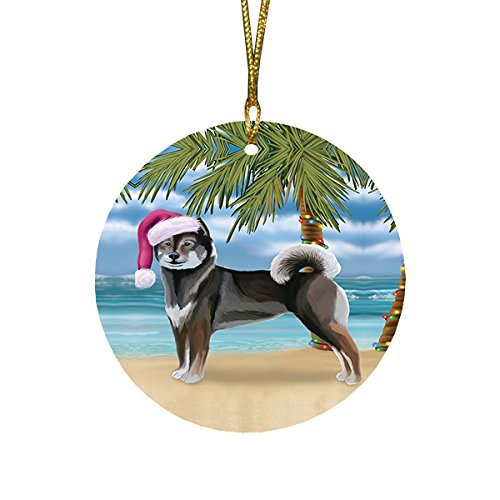 Summertime Christmas Happy Holidays Aiku Dog on Beach Round Flat Ornament POR1229