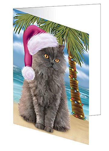Summertime Christmas Happy Holidays Selkirk Rex Cat on Beach Handmade Artwork Assorted Pets Greeting Cards and Note Cards with Envelopes for All Occasions and Holiday Seasons GCD3210