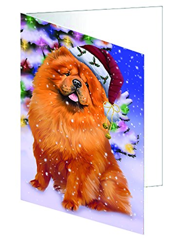 Winterland Wonderland Chow Chow Dog In Christmas Holiday Scenic Background Handmade Artwork Assorted Pets Greeting Cards and Note Cards with Envelopes for All Occasions and Holiday Seasons
