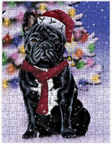 Winterland Wonderland French Bulldogs Dog In Christmas Holiday Scenic Background Puzzle with Photo Tin