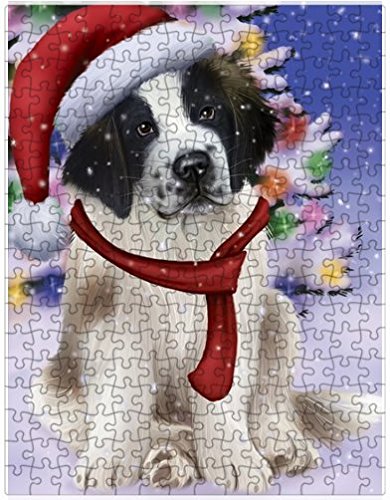 Winterland Wonderland Saint Bernard Dog In Christmas Holiday Scenic Background Puzzle with Photo Tin