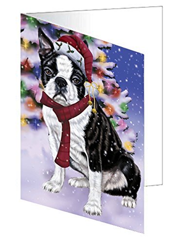 Winterland Wonderland Boston Dog In Christmas Holiday Scenic Background Handmade Artwork Assorted Pets Greeting Cards and Note Cards with Envelopes for All Occasions and Holiday Seasons