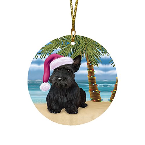 Summertime Christmas Happy Holidays Scottish Terrier Dog on Beach Round Flat Ornament POR1245
