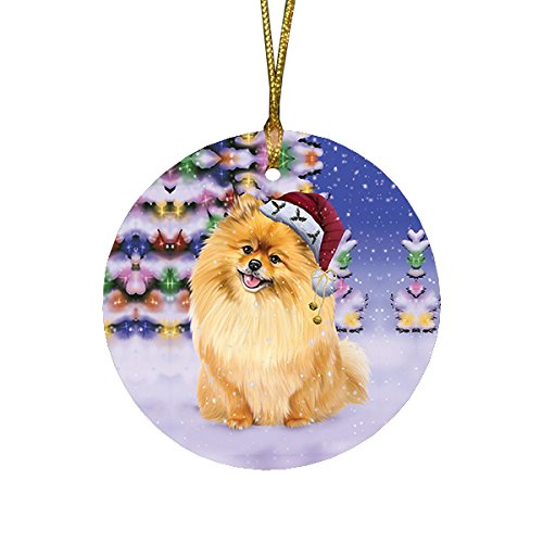 Winterland Wonderland Pomeranians Dog In Christmas Holiday Scenic Background Round Ornament