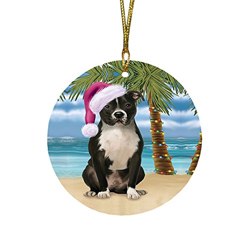 Summertime Pit Bull Dog on Beach Christmas Round Flat Ornament POR1715