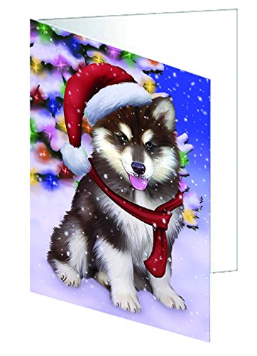 Winterland Wonderland Alaskan Malamute Dog In Christmas Holiday Scenic Background Handmade Artwork Assorted Pets Greeting Cards and Note Cards with Envelopes for All Occasions and Holiday Seasons