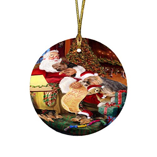 Yokshire Terrier Dog and Puppies Sleeping with Santa Round Christmas Ornament