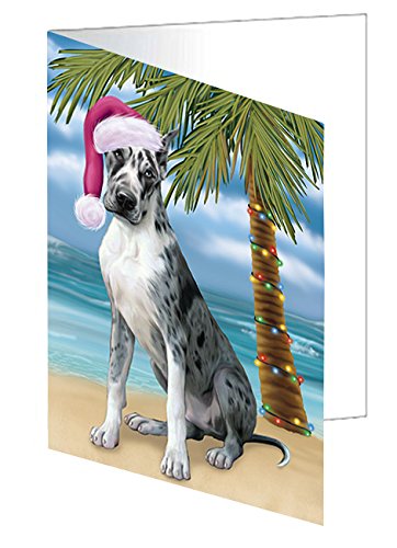 Summertime Happy Holidays Christmas Great Dane Dog on Tropical Island Beach Handmade Artwork Assorted Pets Greeting Cards and Note Cards with Envelopes for All Occasions and Holiday Seasons D418