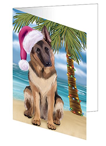 Summertime Christmas Happy Holidays German Shepherd Dog on Beach Handmade Artwork Assorted Pets Greeting Cards and Note Cards with Envelopes for All Occasions and Holiday Seasons GCD3155