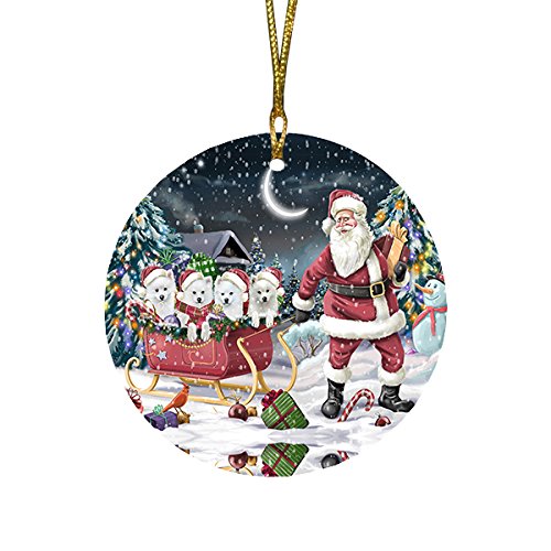 Santa Sled Dogs American Eskimo Christmas Round Flat Ornament POR1528