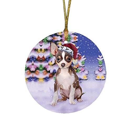 Winterland Wonderland Chihuahua Dog In Christmas Holiday Scenic Background Round Ornament