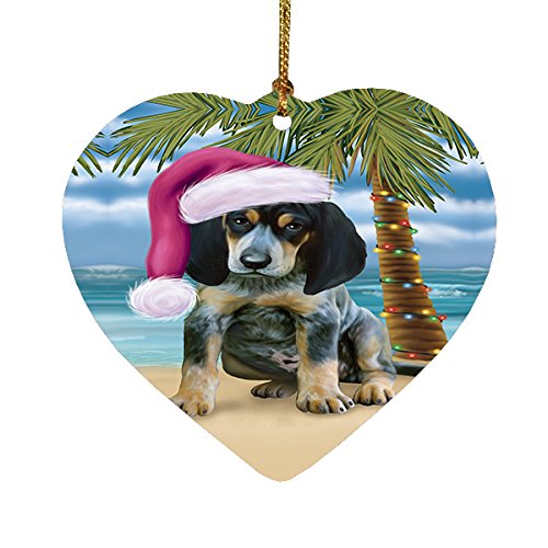 Summertime Happy Holidays Christmas Bluetick Coonhound Dog on Tropical Island Beach Heart Ornament