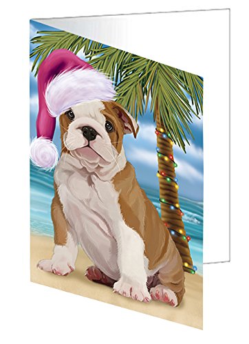 Summertime Christmas Happy Holidays Bulldog Puppy on Beach Handmade Artwork Assorted Pets Greeting Cards and Note Cards with Envelopes for All Occasions and Holiday Seasons GCD3105